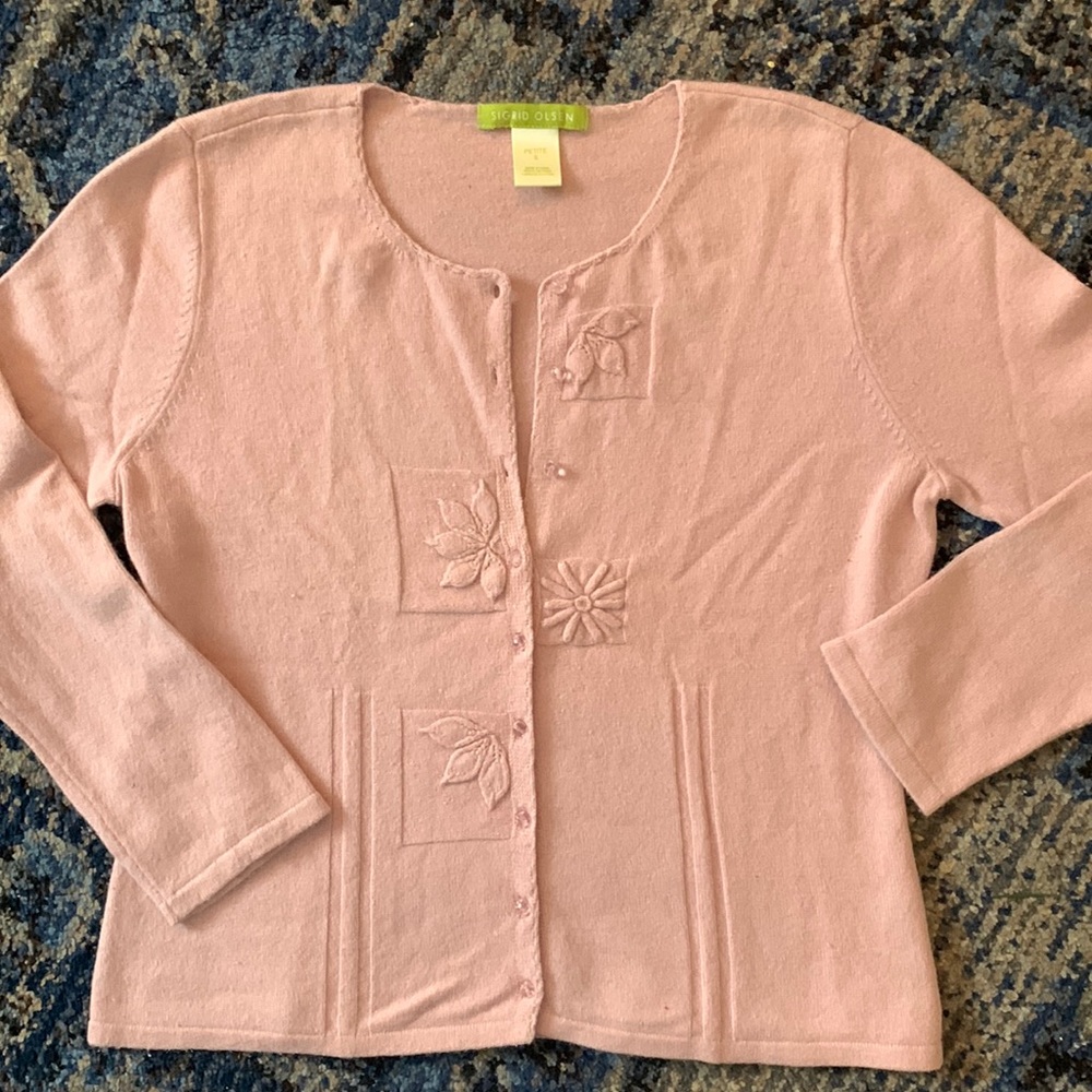 2/$12 deal! Sigrid Olsen pink cardigan button sweater silk angora rabbit blend.